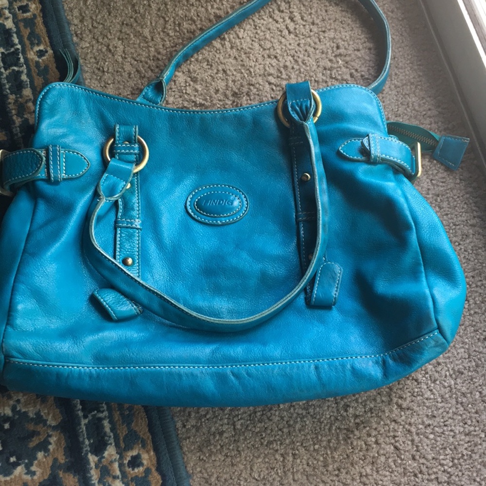 Leather Turquiose color hand bag aprx  13x11 inch